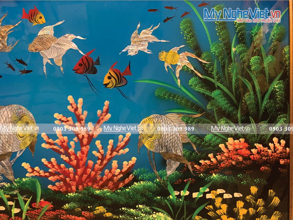 Tranh sơn mài cảnh biển: san hô và cá