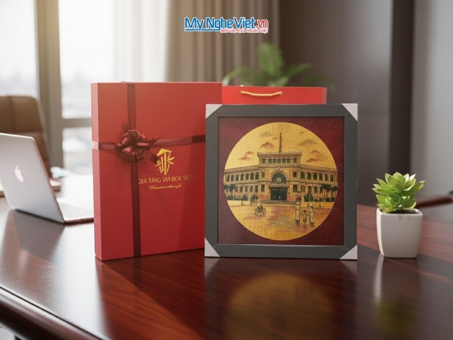 Tranh Sơn Mài Vẽ Bưu Điện Trung Tâm Sài Gòn 35x35cm TBL013