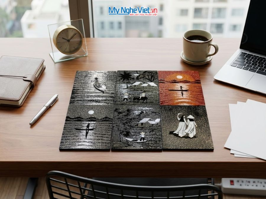 Tranh sơn mài cẩn trứng đen trắng 15x20cm TSM1520T