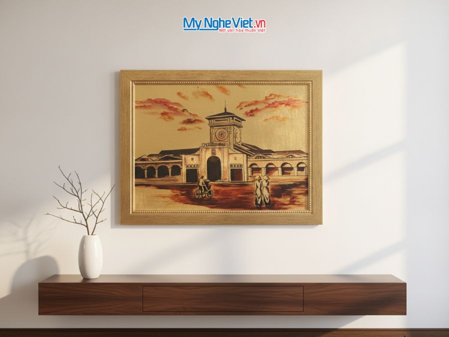 Tranh sơn mài dát vàng vẽ chợ Bến Thành 35x45cm TSM3545-1.5/3