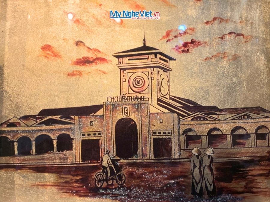 Tranh sơn mài dát vàng vẽ chợ Bến Thành 35x45cm TSM3545-1.5/3