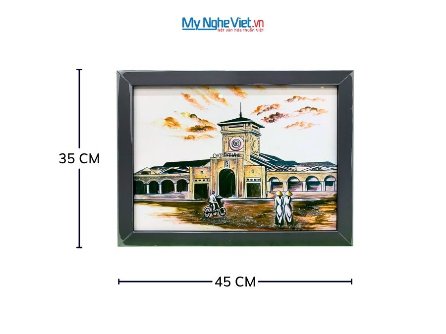 Tranh sơn mài Chợ Bến Thành nền trắng 35x45cm TSM3545-1.6