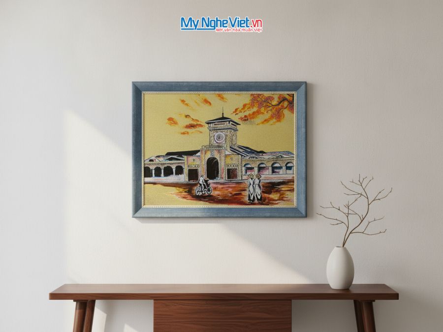 Tranh sơn mài dát vàng vẽ chợ Bến Thành 35x45cm TSM3545-1.5/1