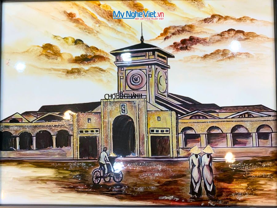Tranh sơn mài Chợ Bến Thành nền trắng 35x45cm TSM3545-1.6