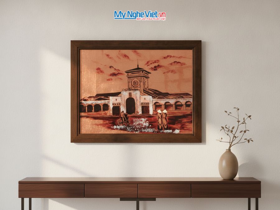 Tranh sơn mài dát vàng vẽ chợ Bến Thành 35x45cm TSM3545-1.5/2