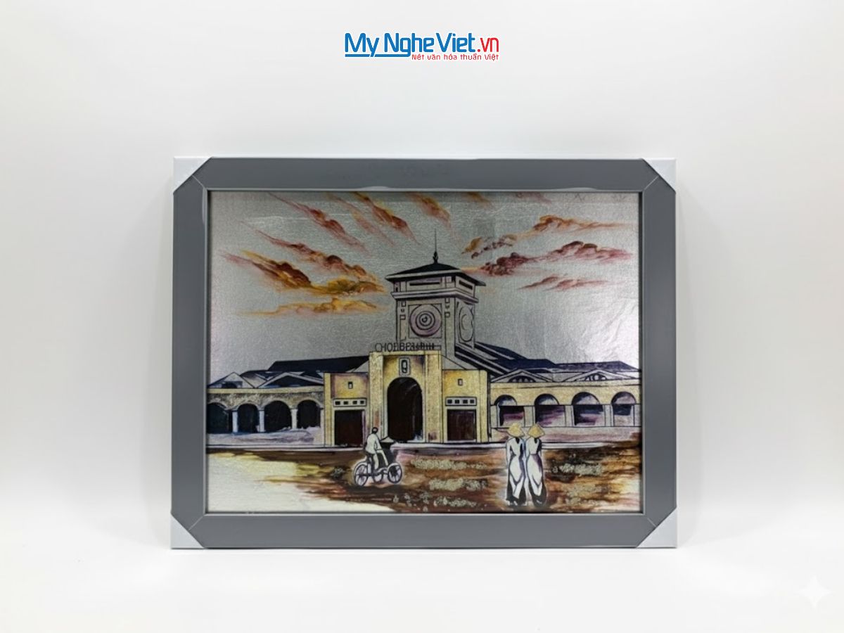 Tranh sơn mài Chợ Bến Thành dát bạc 35x45cm TSM3545-1.6
