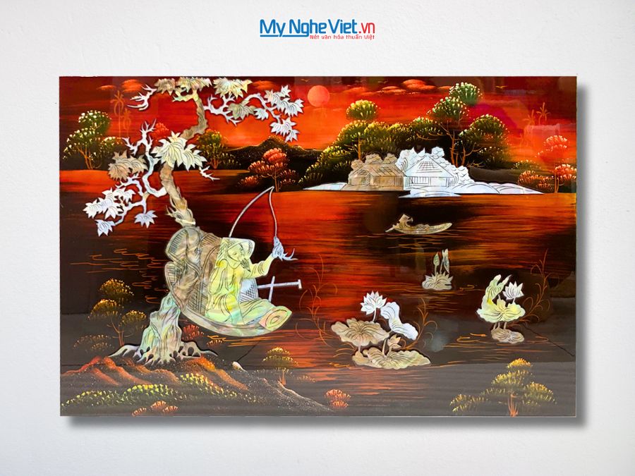 Tranh Sơn Mài Đồng Quê Cẩn Ốc Nền Ấm 40x60cm TSM4631-1