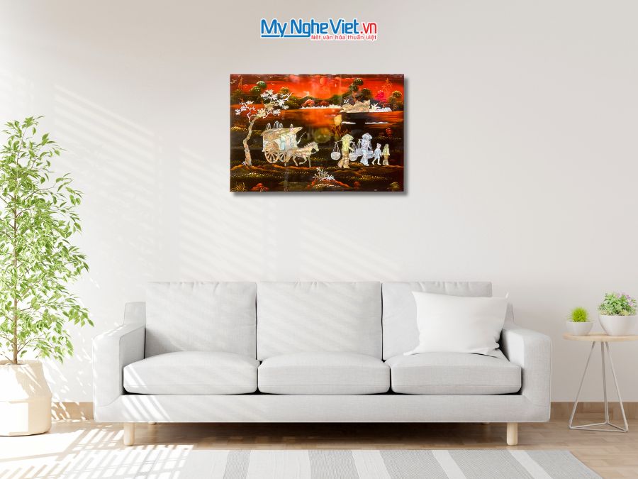 Tranh Sơn Mài Đồng Quê Cẩn Ốc Nền Ấm 40x60cm TSM4631-1