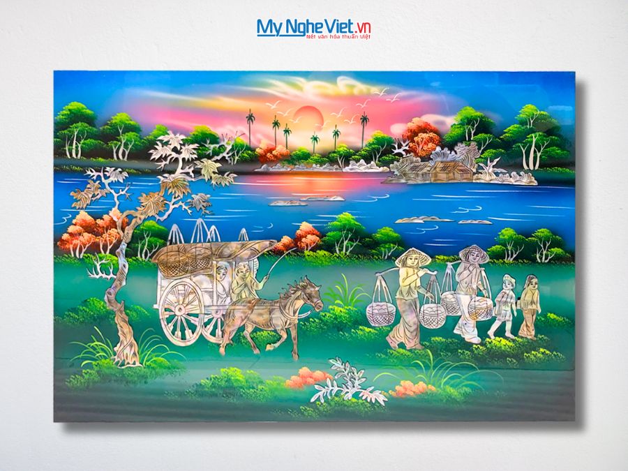 Tranh Sơn Mài Đồng Quê Cẩn Ốc Nền Xanh 40x60cm TSM4631