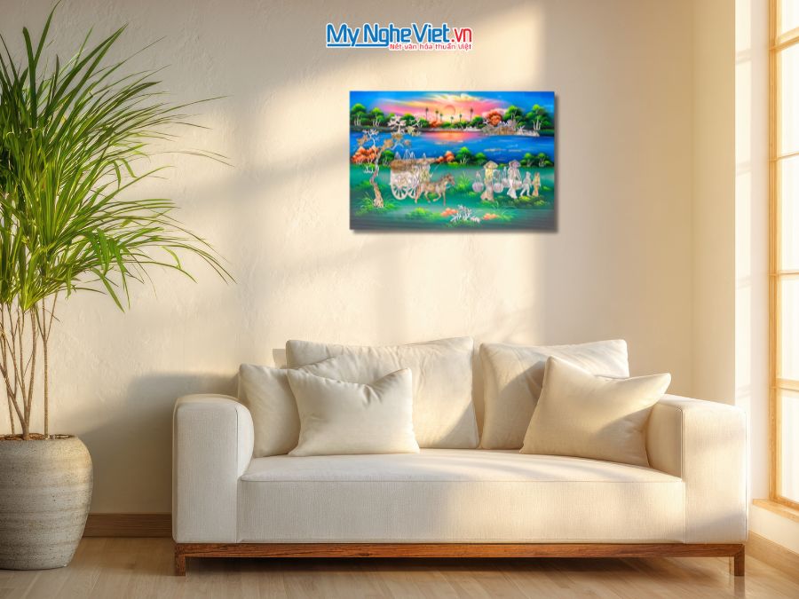 Tranh Sơn Mài Đồng Quê Cẩn Ốc Nền Xanh 40x60cm TSM4631