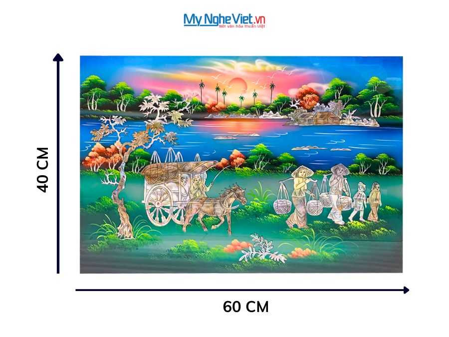 Tranh Sơn Mài Đồng Quê Cẩn Ốc Nền Xanh 40x60cm TSM4631