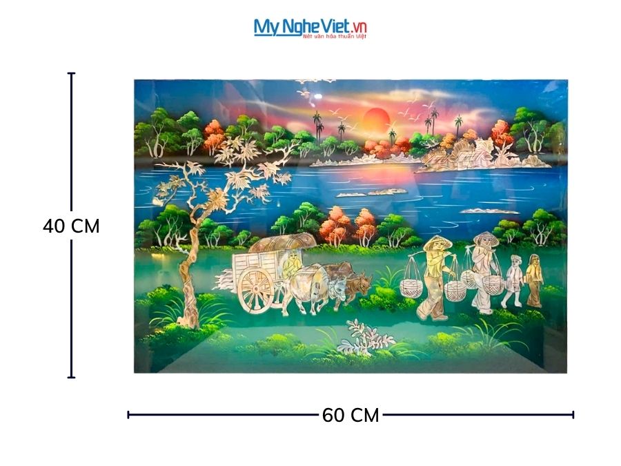 Tranh Sơn Mài Đồng Quê Cẩn Ốc Nền Xanh 40x60cm TSM4631XB