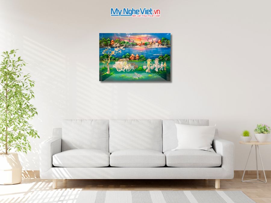 Tranh Sơn Mài Đồng Quê Cẩn Ốc Nền Xanh 40x60cm TSM4631XB