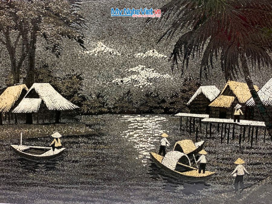 Tranh Sơn Mài Đồng Quê Đen Trắng Cẩn Trứng 40x60cm TSM46CT.2