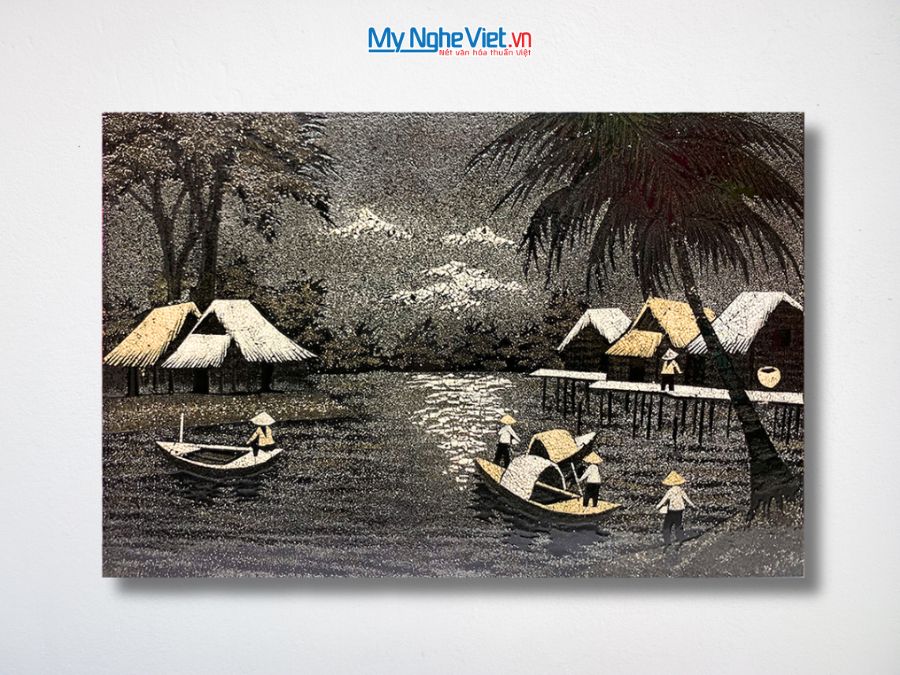 Tranh Sơn Mài Đồng Quê Đen Trắng Cẩn Trứng 40x60cm TSM46CT.2