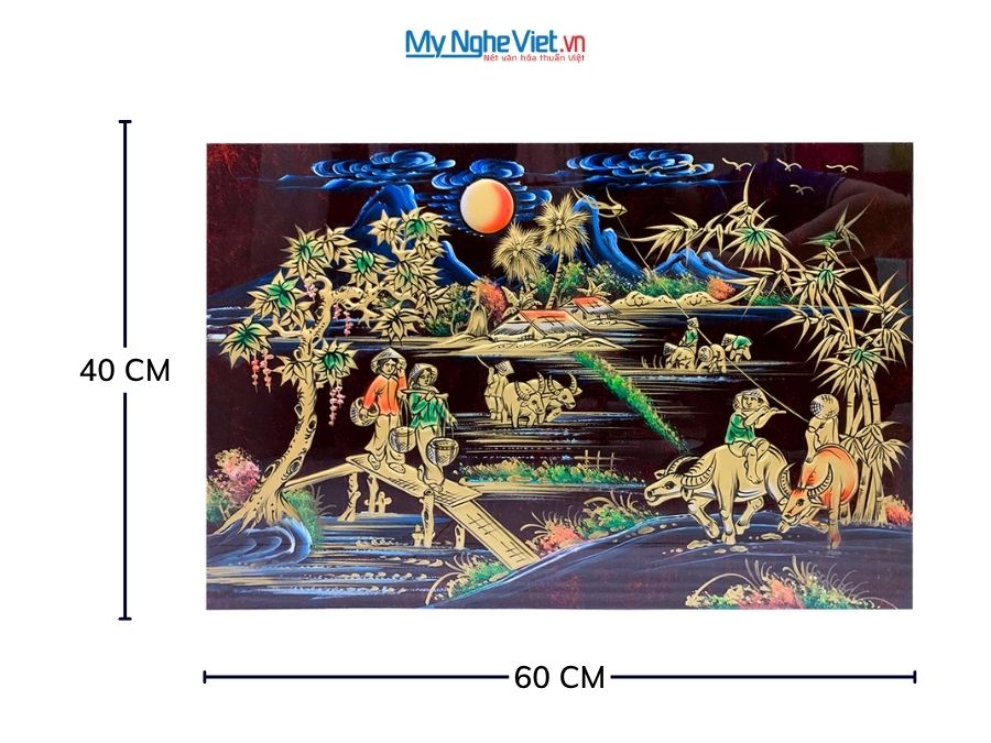 Tranh Sơn Mài Đồng Quê Đắp Nổi Phù Điêu 40x60cm MNV-TSM468-2