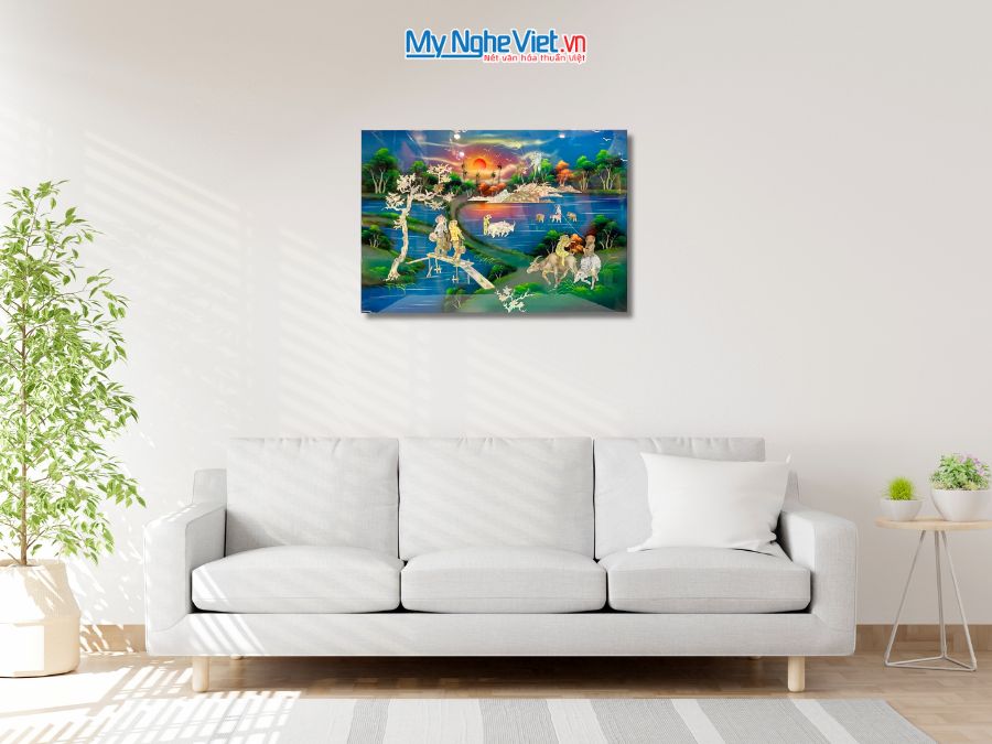 Tranh Sơn Mài Đồng Quê Cẩn Ốc Nền Xanh 40x60cm TSM46279