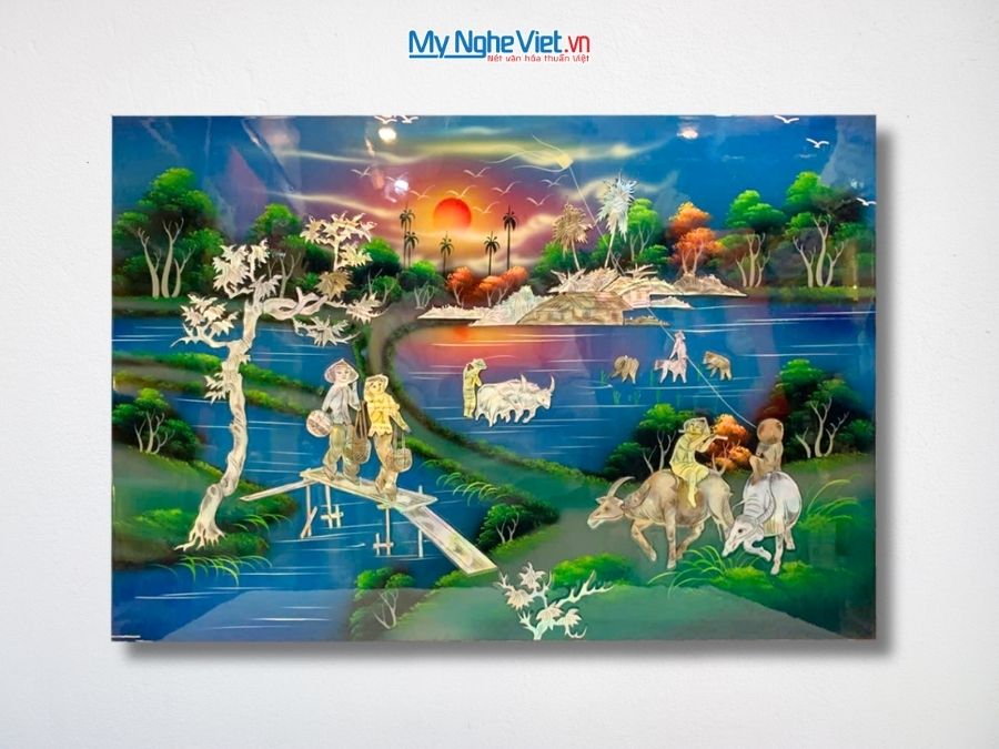 Tranh Sơn Mài Đồng Quê Cẩn Ốc Nền Xanh 40x60cm TSM46279
