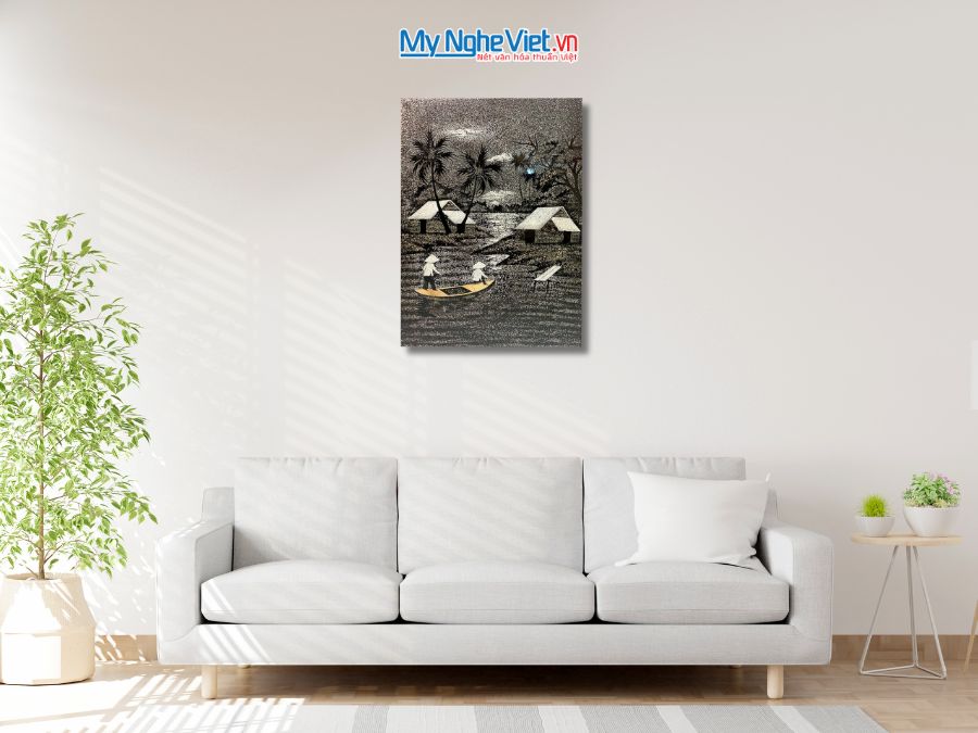 Tranh Sơn Mài Đồng Quê Đen Trắng Cẩn Trứng 40x60cm TSM46CT.1