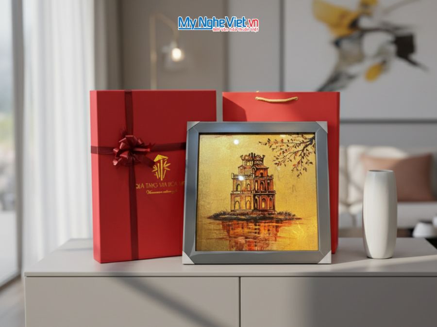 Tranh Sơn Mài Dát Vàng Hồ Gươm 35x35cm MNVTBL008