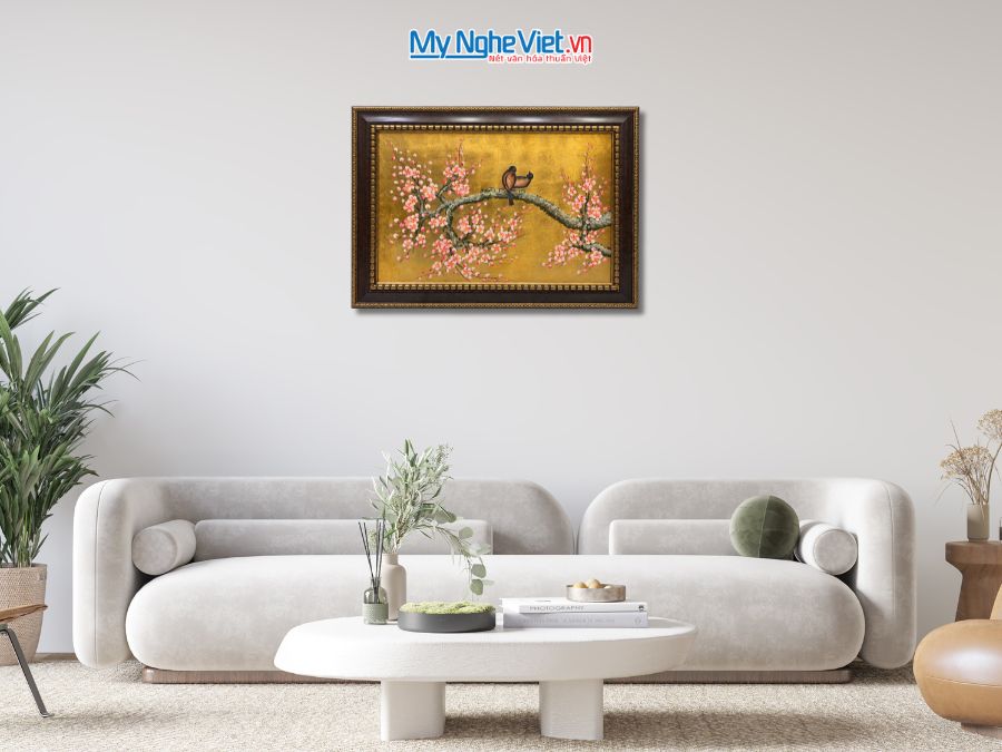 Tranh Sơn Mài Hoa Đào Và Chim Uyên Ương Hồng 54x74cm TSM571-1.20