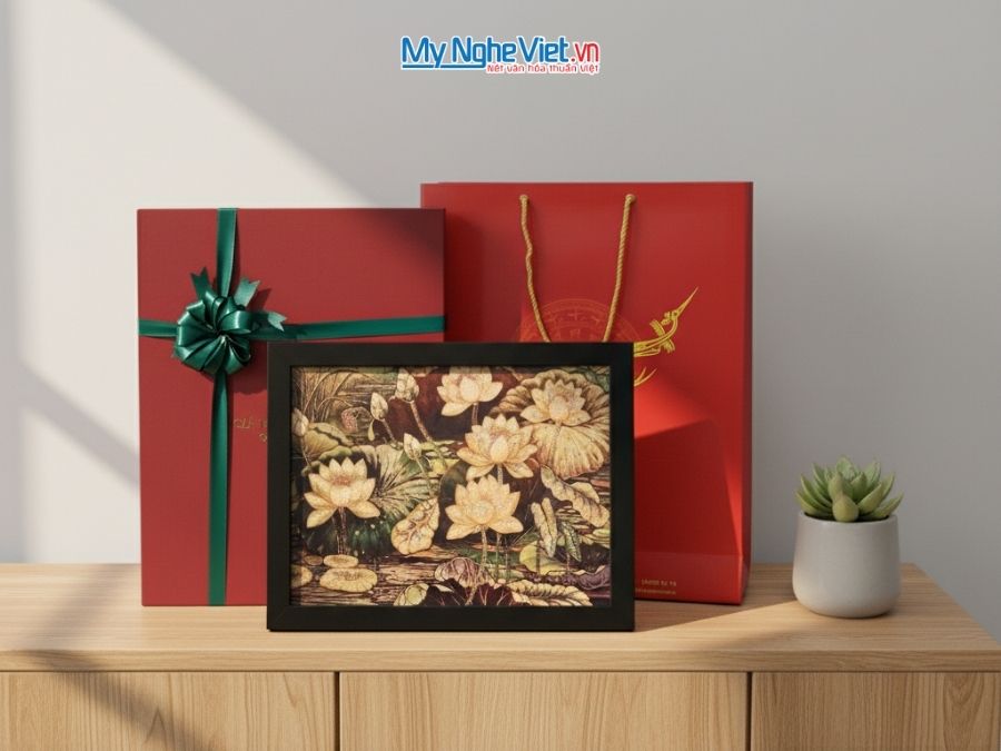 Tranh Sơn Mài Hoa Sen Và Hộp Quà Tặng Cao Cấp TBL34/17K3-12