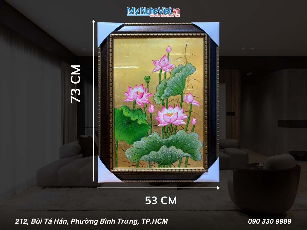 	Tranh sơn mài sen đắp nổi dát vàng 40x60 có khung 54x74cm TSM571-1.12