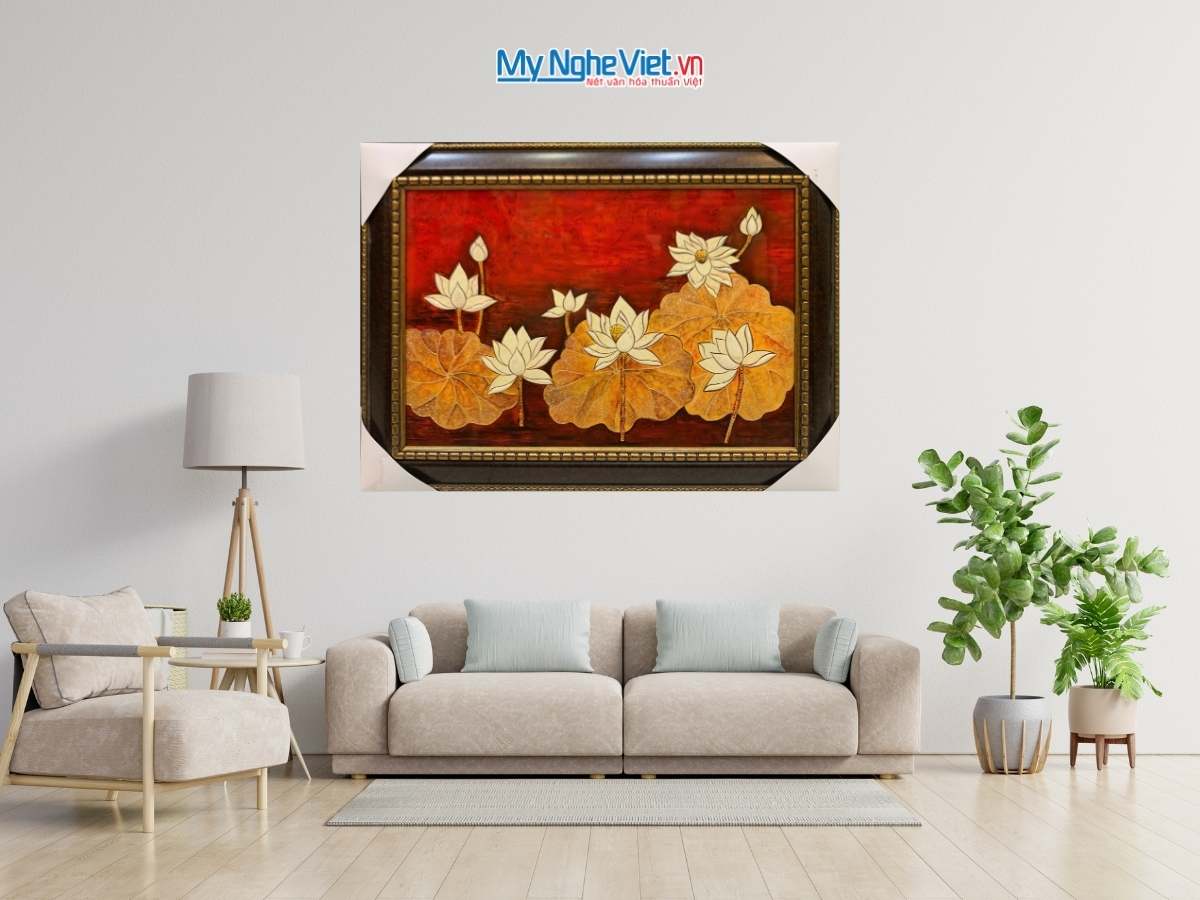 Tranh sơn mài sen đắp nổi nền đỏ 40x60 có khung 54x74cm TSM571-1.15