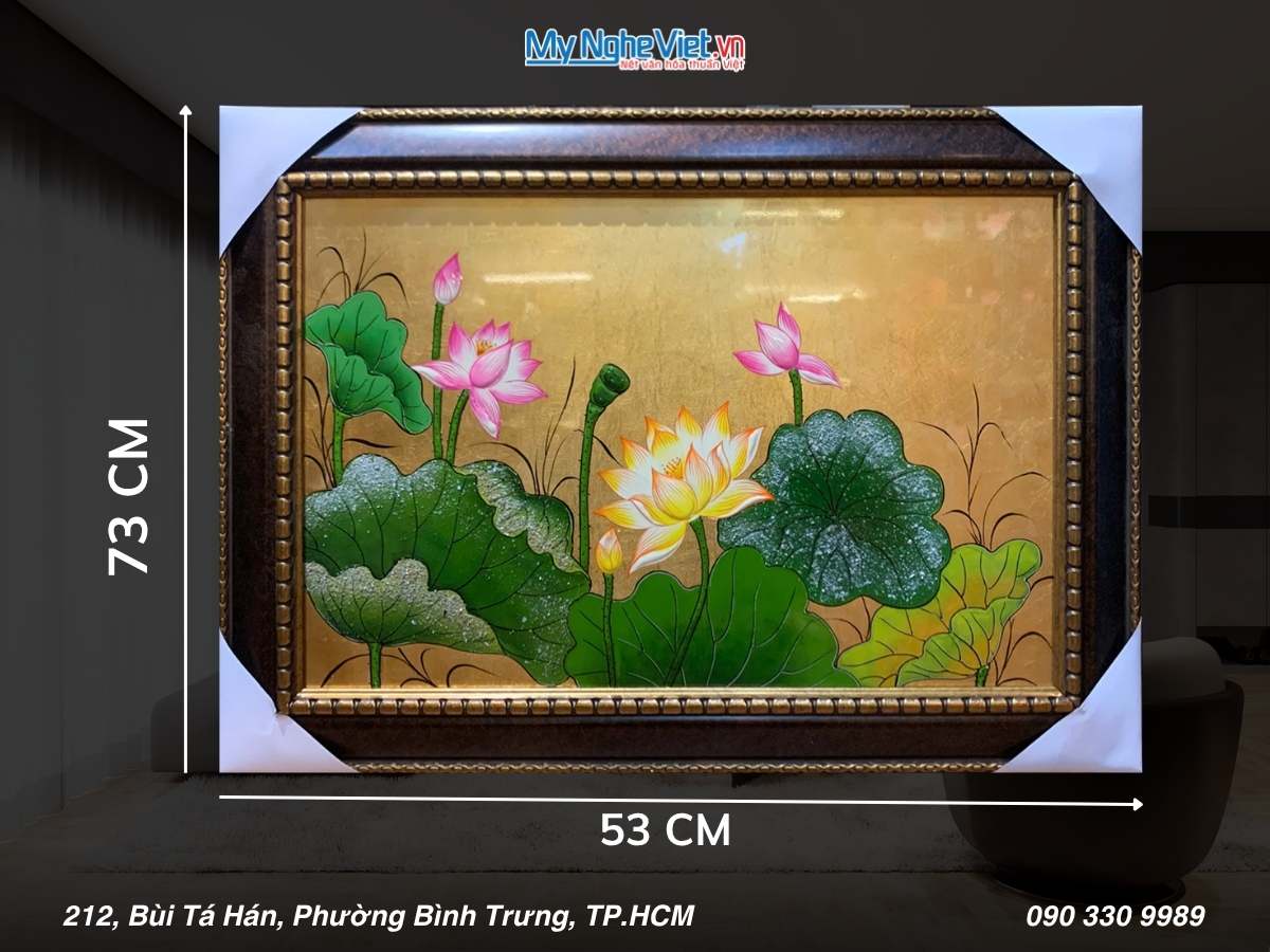 Tranh sơn mài sen đắp nổi dát vàng 40x60 có khung 54x74cm TSM571-1.10