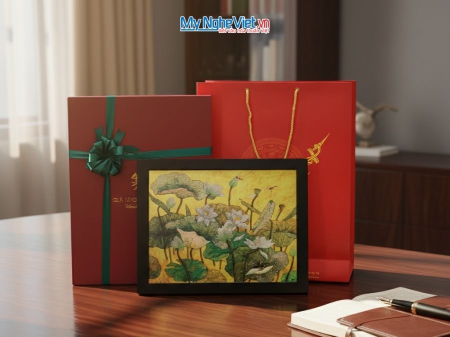 Tranh Sơn Mài Hoa Sen Và Hộp Quà Tặng Cao Cấp TBL34/17K3-4