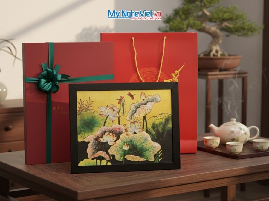 Tranh Sơn Mài Hoa Sen Và Hộp Quà Tặng Cao Cấp TBL34/17K3-11