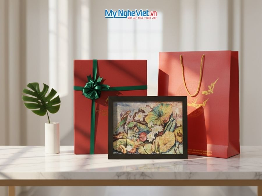 Tranh Sơn Mài Hoa Sen Và Hộp Quà Tặng Cao Cấp TBL34/17K3-7