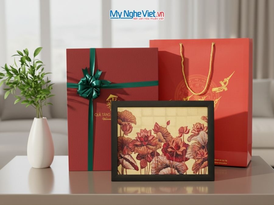 Tranh Sơn Mài Hoa Sen Và Hộp Quà Tặng Cao Cấp BL34/17K3-15