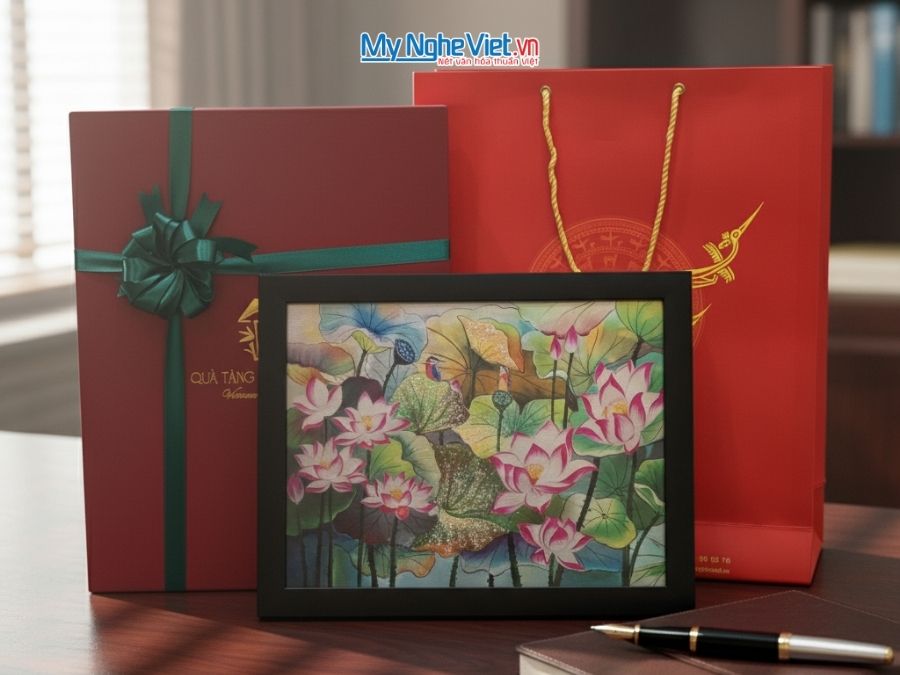 Tranh Sơn Mài Hoa Sen Và Hộp Quà Tặng Cao Cấp TBL34/17K3-13