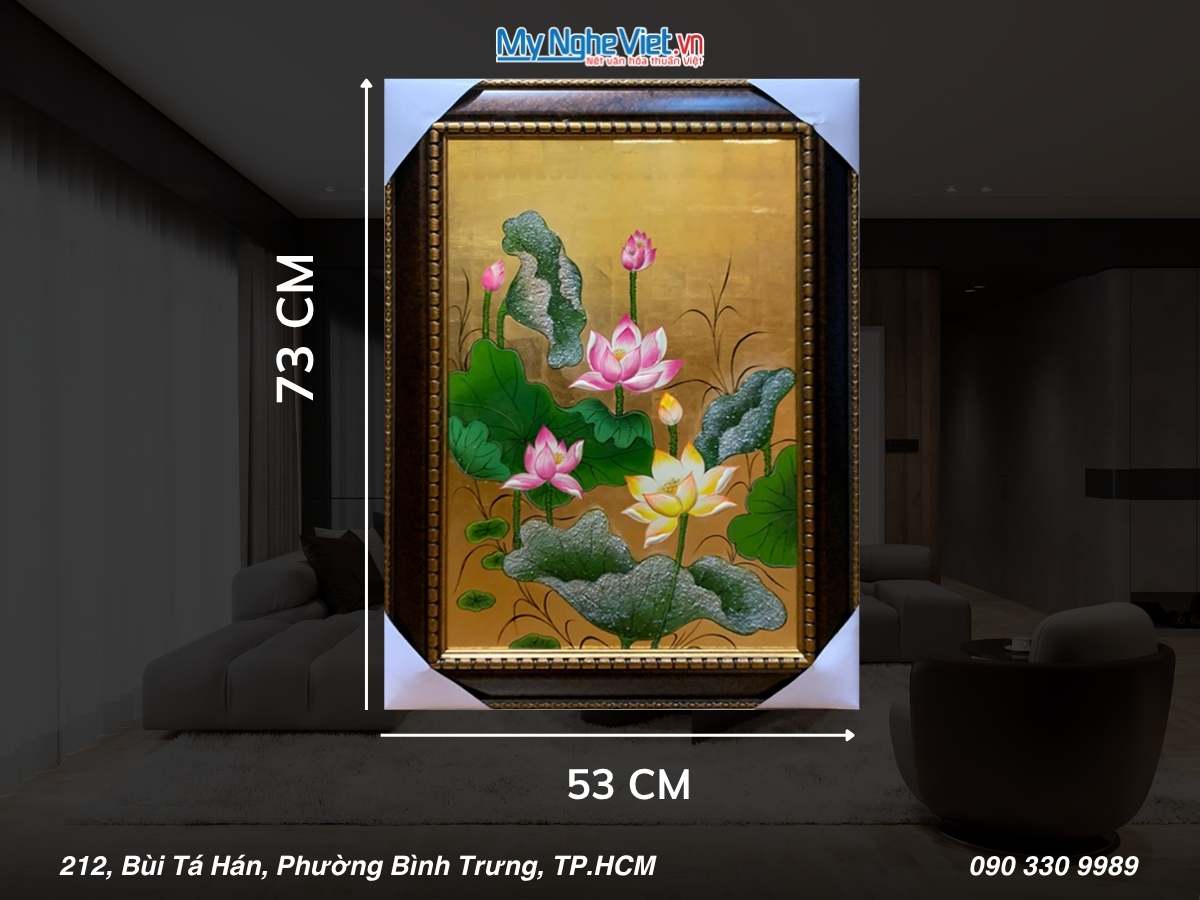 Tranh sơn mài sen đắp nổi dát vàng 40x60 có khung 54x74cm TSM571-1.11