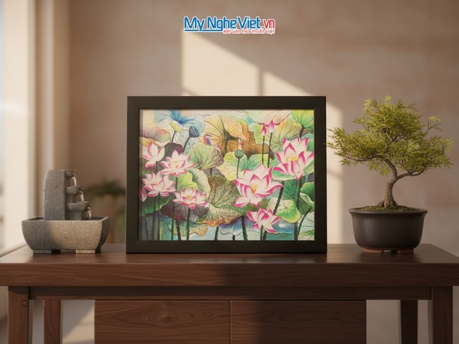 Tranh Sơn Mài Hoa Sen Và Hộp Quà Tặng Cao Cấp TBL34/17K3-13