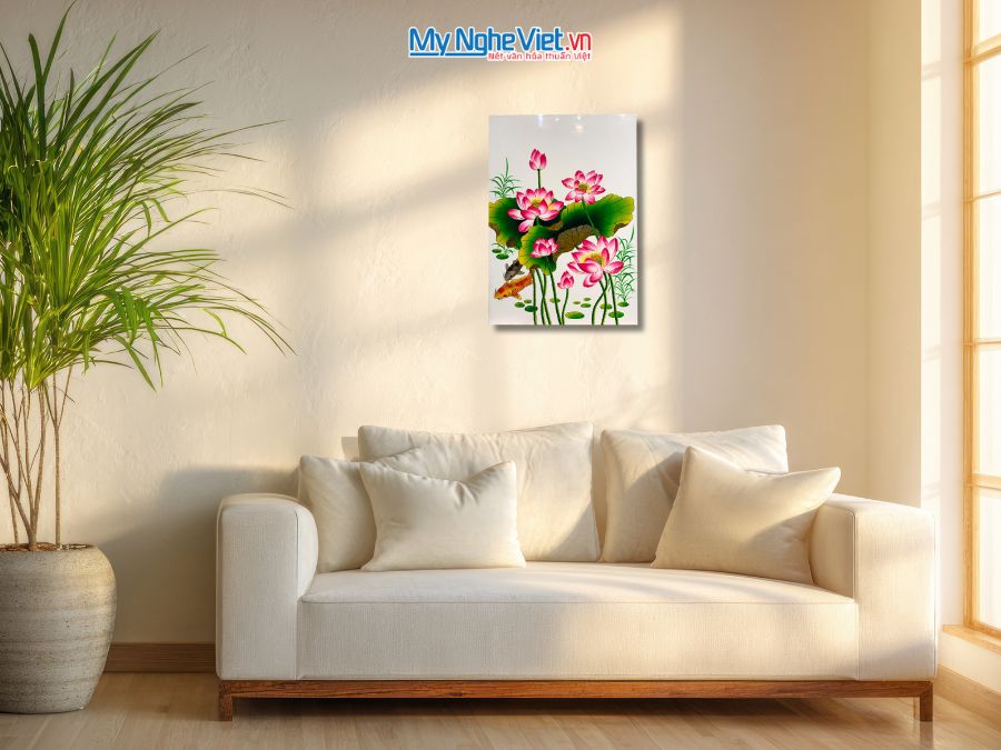 Tranh Sơn Mài Hoa Sen Nền Trắng 40x60cm TSM464-3