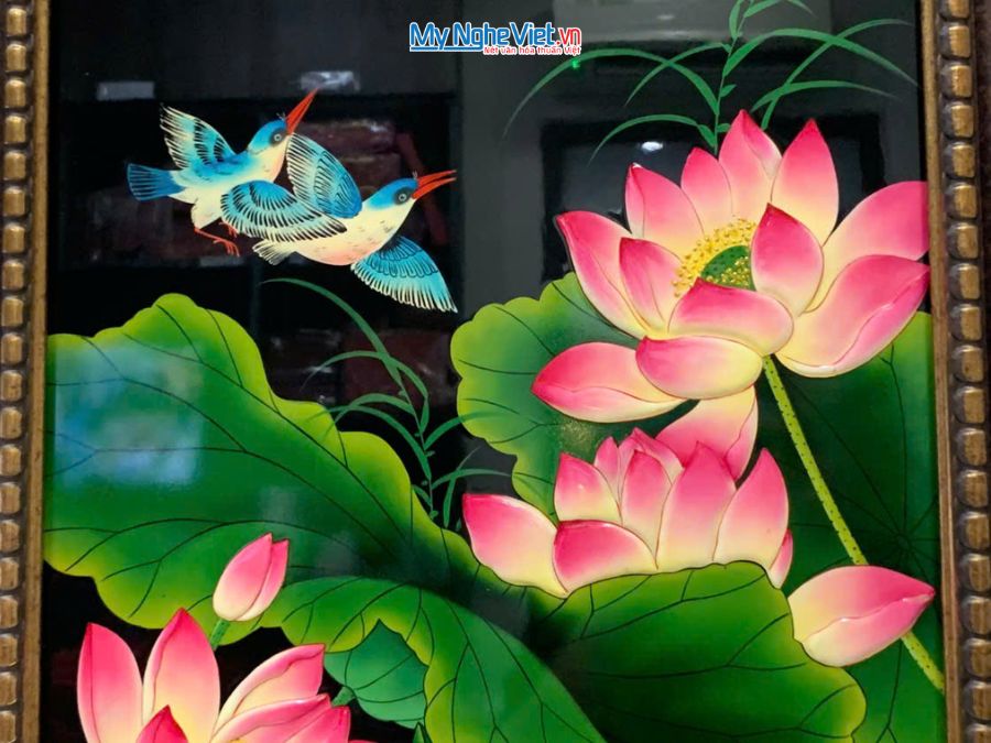 Tranh Sơn Mài Hoa Sen Đắp Nổi Nền Đen 54x74cm TSM571-1.6.1
