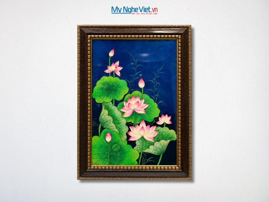 Tranh Sơn Mài Hoa Sen Đắp Nổi Nền Xanh 54x74cm TSM571-1.6.2