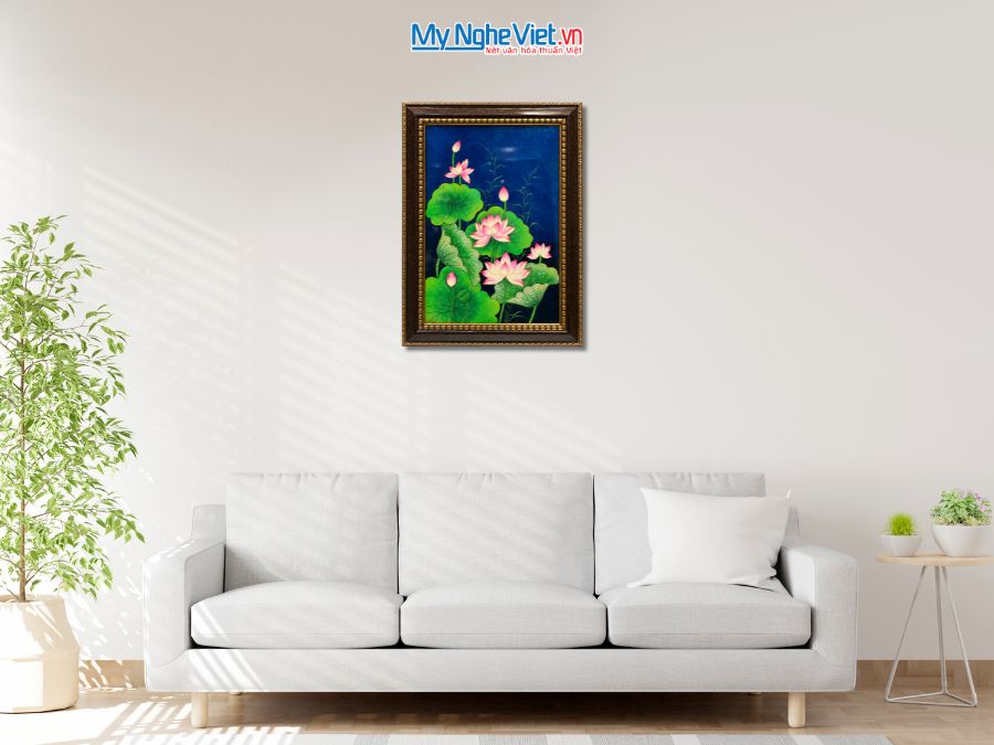 Tranh Sơn Mài Hoa Sen Đắp Nổi Nền Xanh 54x74cm TSM571-1.6.2