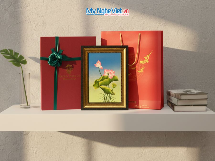 Tranh Sơn Mài Hoa Sen Nền Xanh Đắp Nổi Và Hộp Quà Tặng Cao Cấp TSMDH2838-1.1