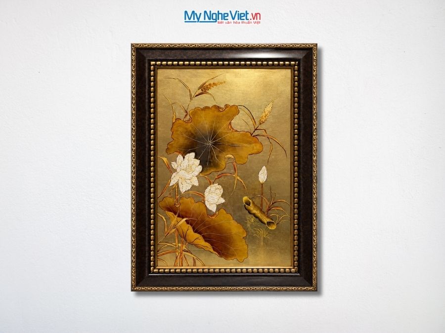 Tranh Sơn Mài Hoa Sen Trắng Dát Vàng 54x74cm TSM571-1.4