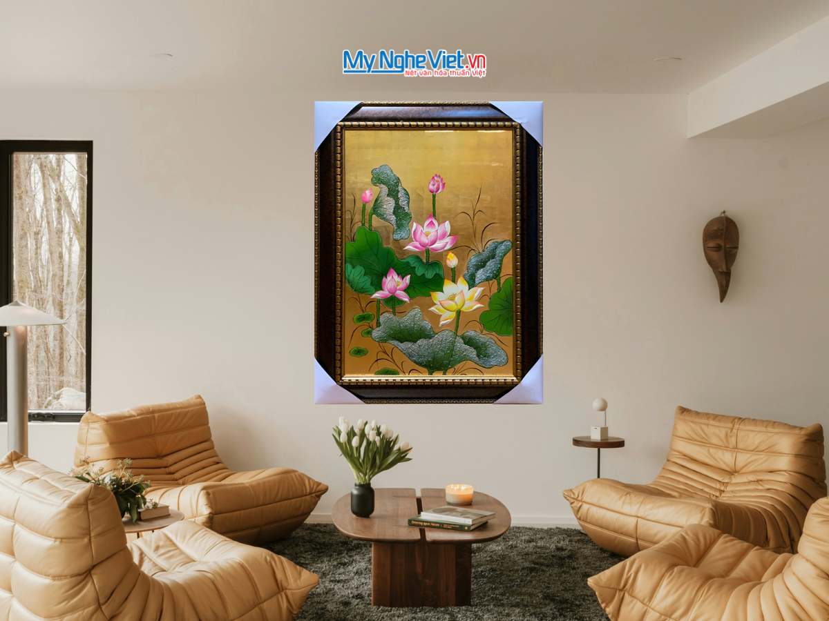 Tranh sơn mài sen đắp nổi dát vàng 40x60 có khung 54x74cm TSM571-1.11