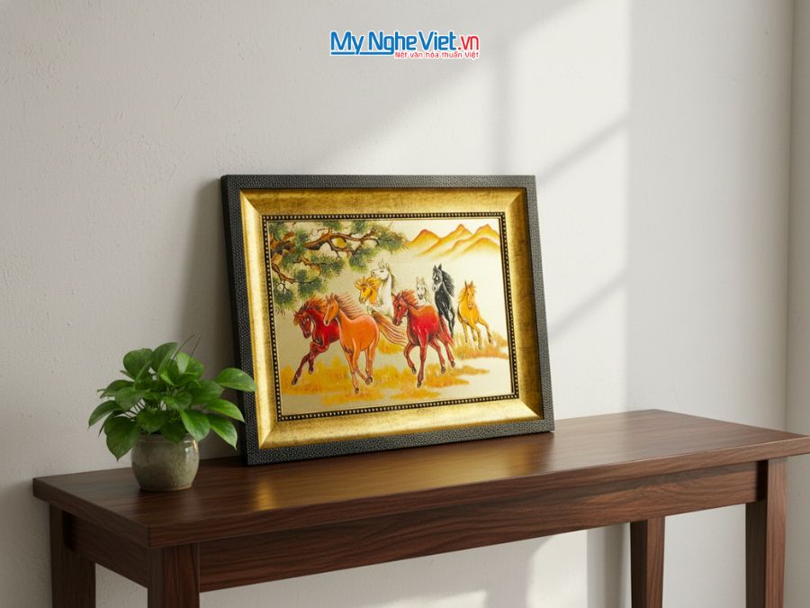 Tranh sơn mài mã đáo thành công đắp nổi nền vàng TSMDH2838/2