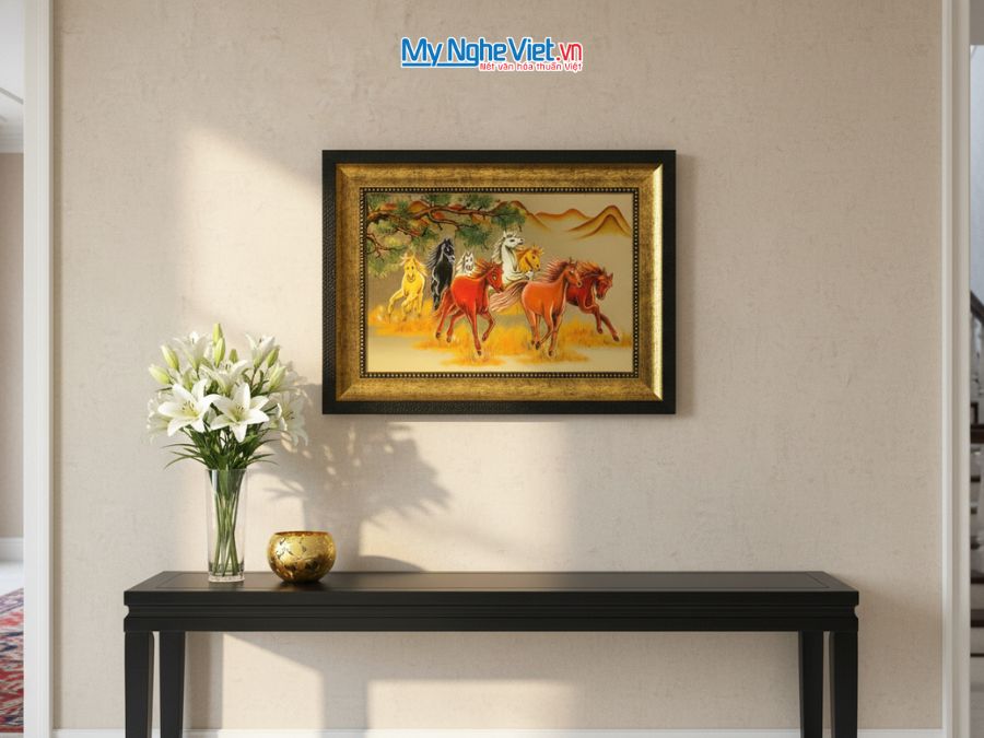 Tranh sơn mài mã đáo thành công đắp nổi nền vàng TSMDH2838/1