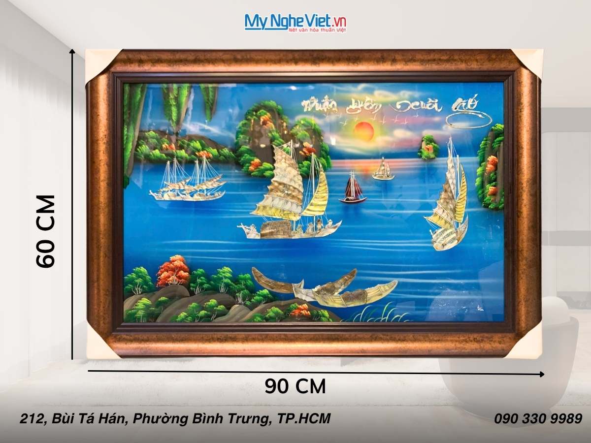 Tranh Sơn mài Thuận Buồm Cẩn Xanh 50x80cm Khung nhựa 60x90