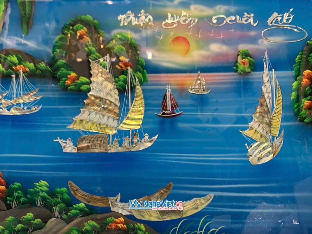 Tranh Sơn mài Thuận Buồm Cẩn Xanh 50x80cm Khung nhựa 60x90