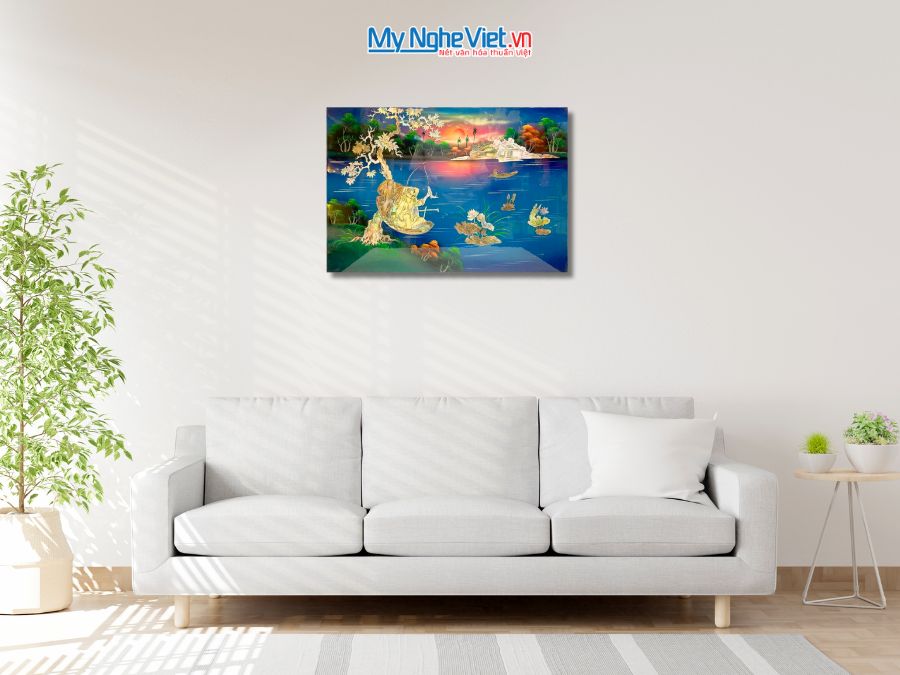 Tranh Sơn Mài Ngư Ông Câu Cá Cẩn Ốc Nền Xanh 40x60cm TSM463.2
