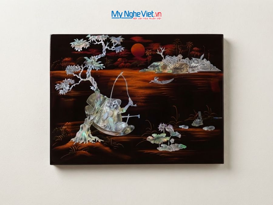 Tranh Sơn Mài Ngư Ông Câu Cá Cẩn Ốc Chìm Nền Ấm 30x40cm TSM343-2