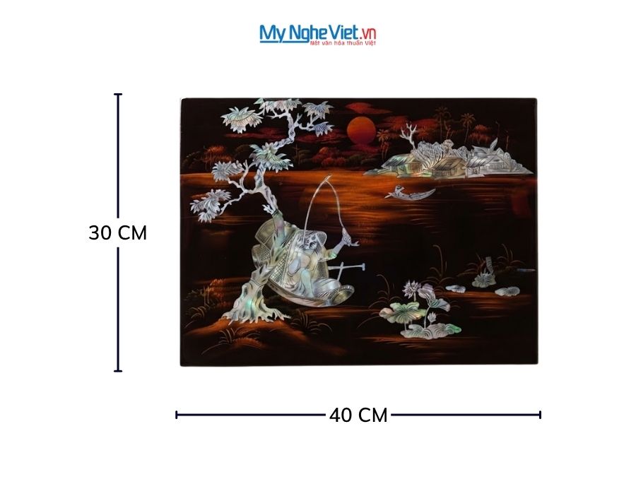 Tranh Sơn Mài Ngư Ông Câu Cá Cẩn Ốc Chìm Nền Ấm 30x40cm TSM343-2